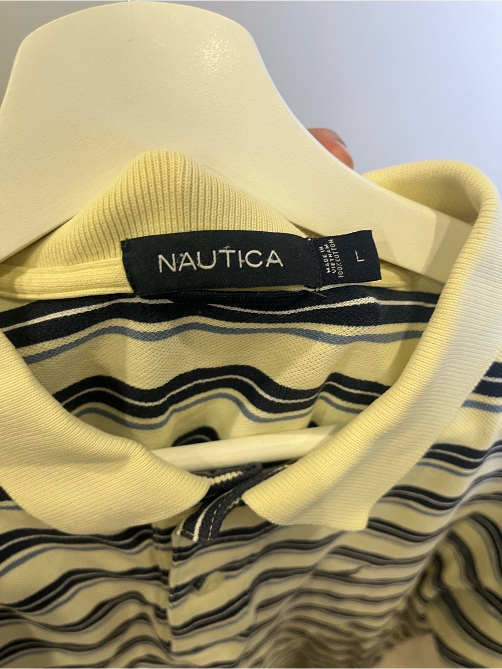 Nautica Men’s Cream and Navy Horizontal Stripe Polo - Picture 3 of 3